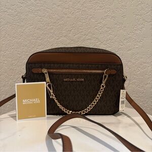 Michael Kors Brown East West Large Monogram Crossbody with Gold Hardware NWT